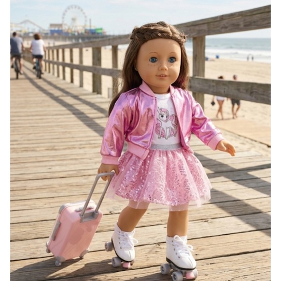 American Girl Shiny Pink Jacket Lace Tutu & Roller Skate Set